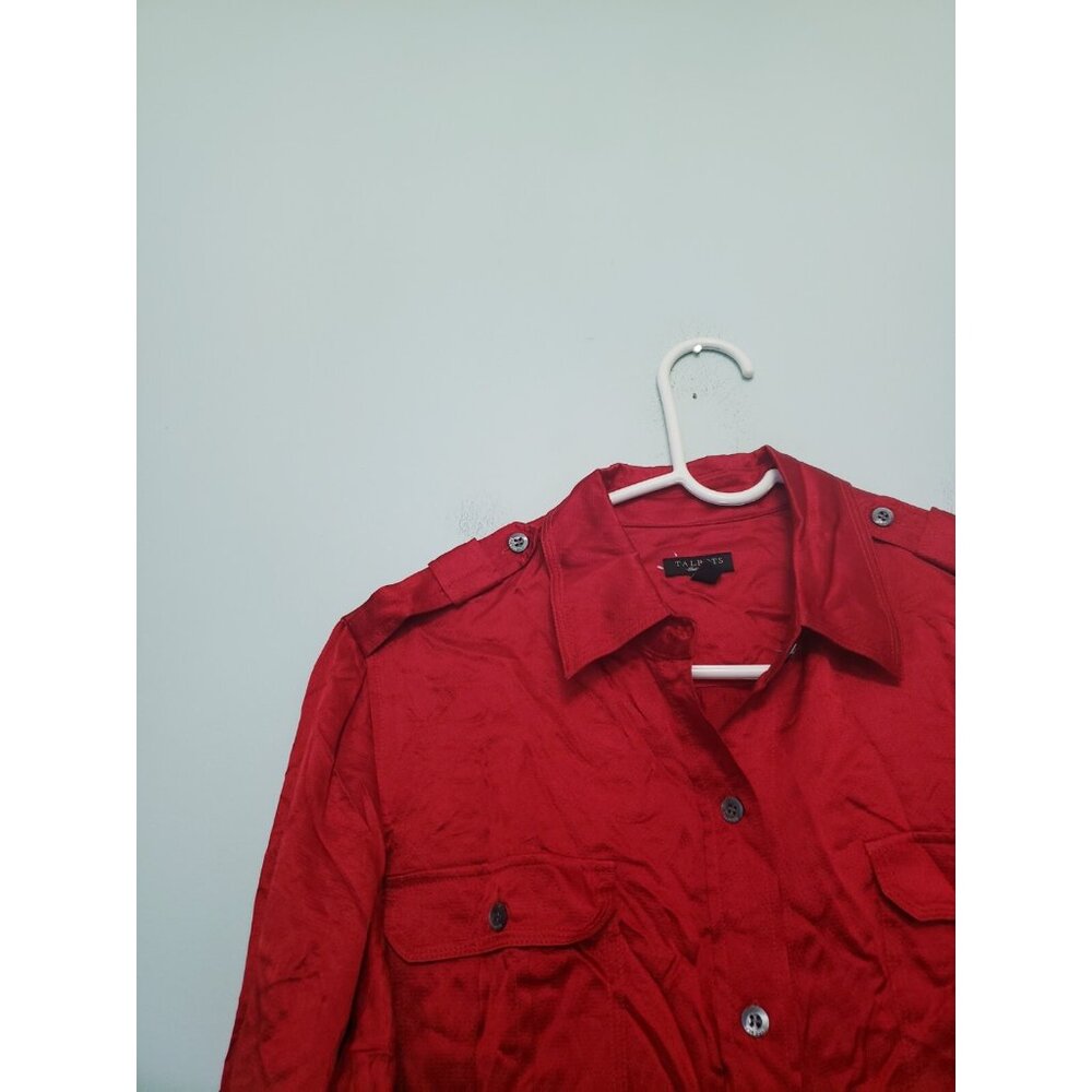 Talbots Women 12 Blouse Button Front Red 100% Silk Classic Roll Tab Sleeve Flap - Picture 4 of 6